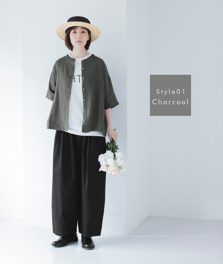 わたしの大人服 &yarn  リネンバンドカラーブラウス チャコールグレーのコーディネート