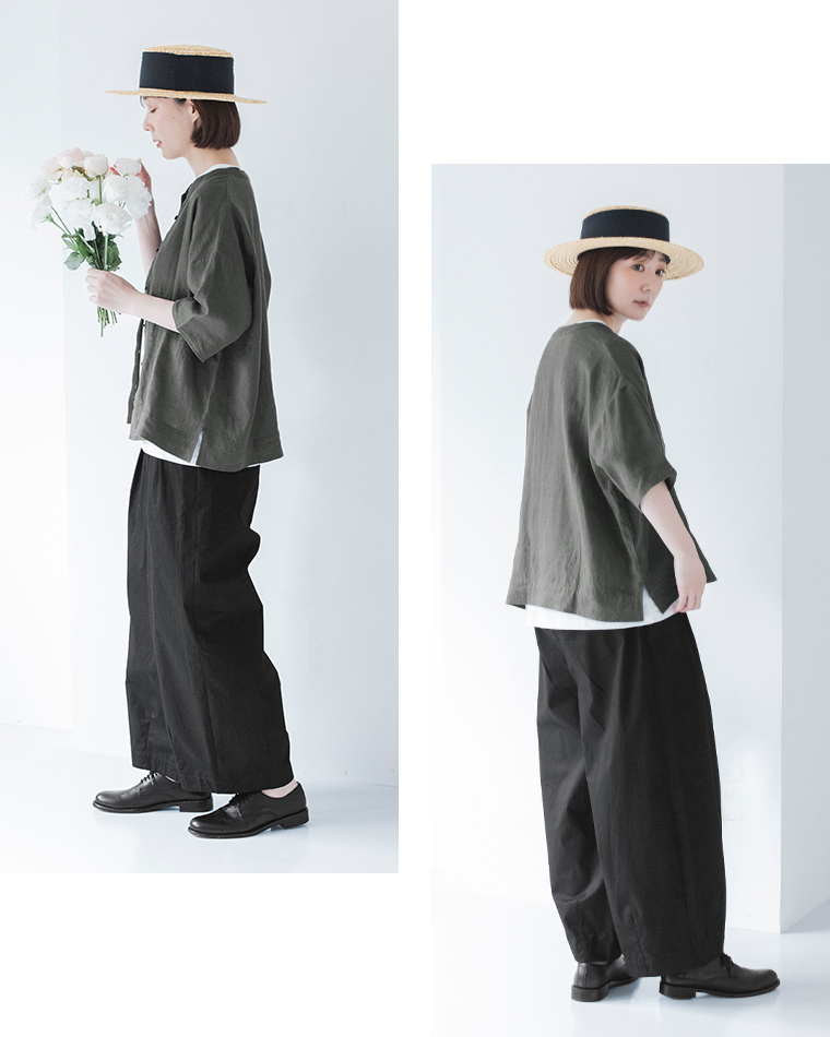 わたしの大人服 &yarn  リネンバンドカラーブラウス チャコールグレー 全身横後ろ