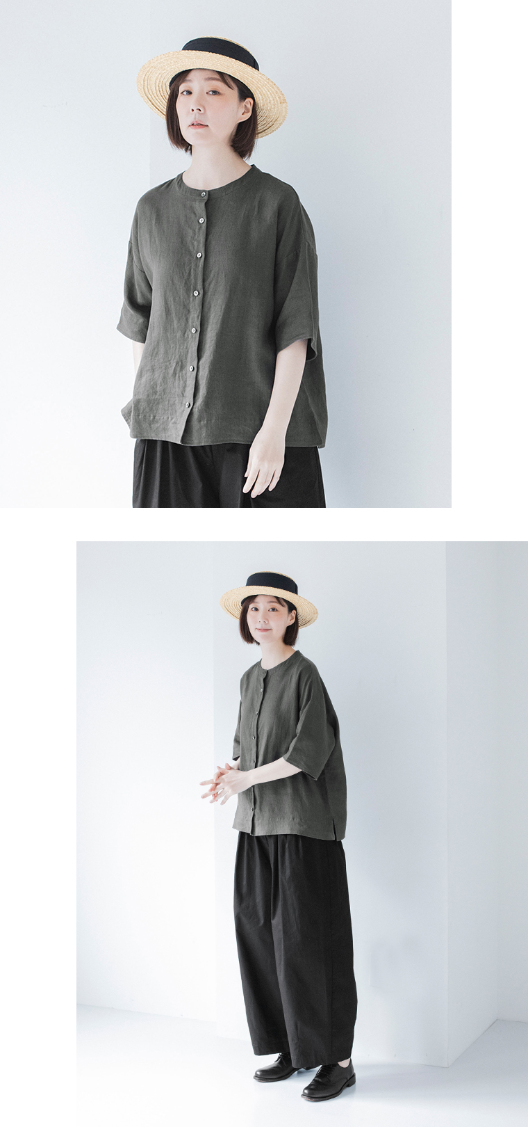 わたしの大人服 &yarn  リネンバンドカラーブラウス チャコールグレー 上半身アップと全身斜め