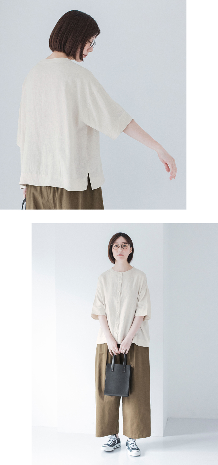 わたしの大人服 &yarn  リネンバンドカラーブラウス ナチュラル 後ろ袖と全身前