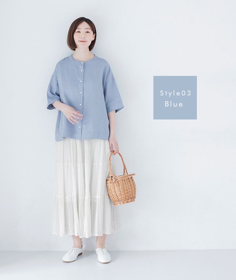 わたしの大人服 &yarn  リネンバンドカラーブラウス ブルーのコーディネート