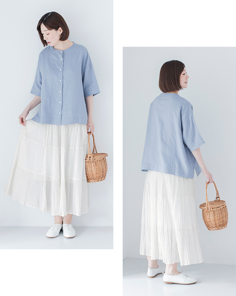 わたしの大人服 &yarn  リネンバンドカラーブラウス ブルー 全身前と後ろ