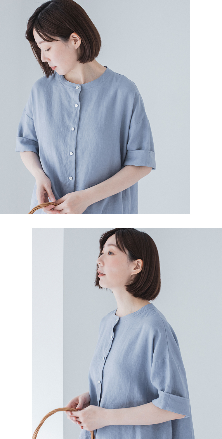 わたしの大人服 &yarn  リネンバンドカラーブラウス ブルー 上半身アップ2カット