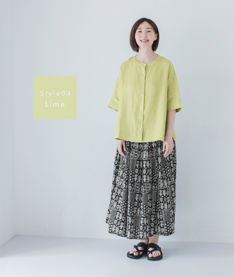 わたしの大人服 &yarn  リネンバンドカラーブラウス ライムのコーディネート