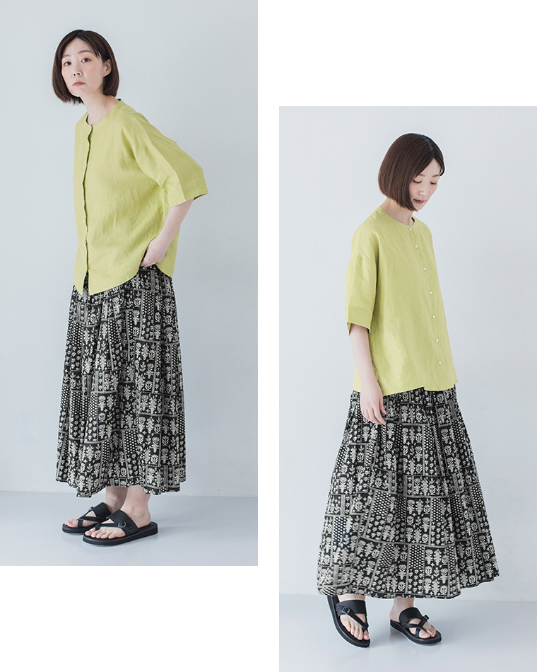 わたしの大人服 &yarn  リネンバンドカラーブラウス ライム 全身斜め2カット