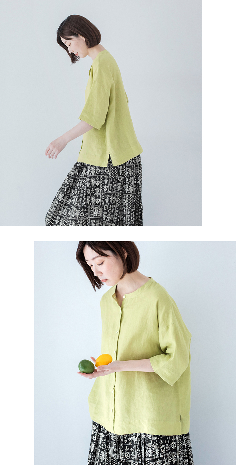 わたしの大人服 &yarn  リネンバンドカラーブラウス ライム 上半身アップ2カット