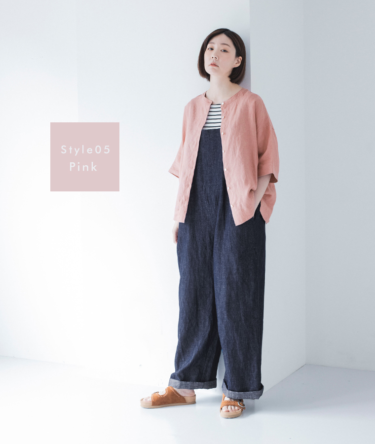 わたしの大人服 &yarn  リネンバンドカラーブラウス ピンクのコーディネート