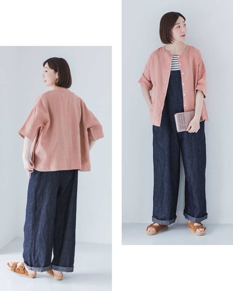 わたしの大人服 &yarn  リネンバンドカラーブラウス ピンク 全身後ろと前