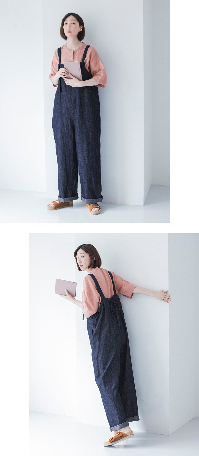 わたしの大人服 &yarn  リネンバンドカラーブラウス ピンク 全身前と後ろ