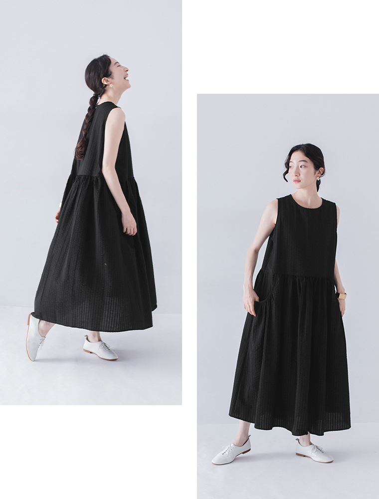 Lintu Laulu  刺繍プルオーバーとノースリーブワンピース2点セット　ブラック　ワンピース　横、前