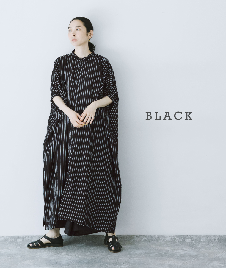 &yarn ストライプワンピース ブラックのコーディネート