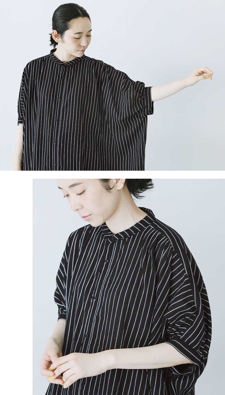 &yarn ストライプワンピース ブラックの上半身アップ