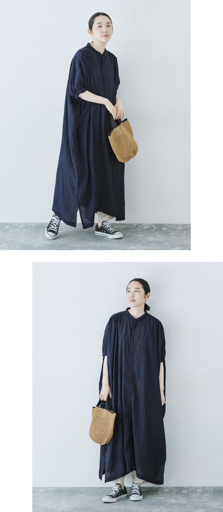 &yarn ストライプワンピース ネイビーのボタン閉じた全身