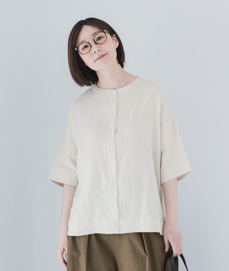 &yarn バンドカラーリネンブラウス