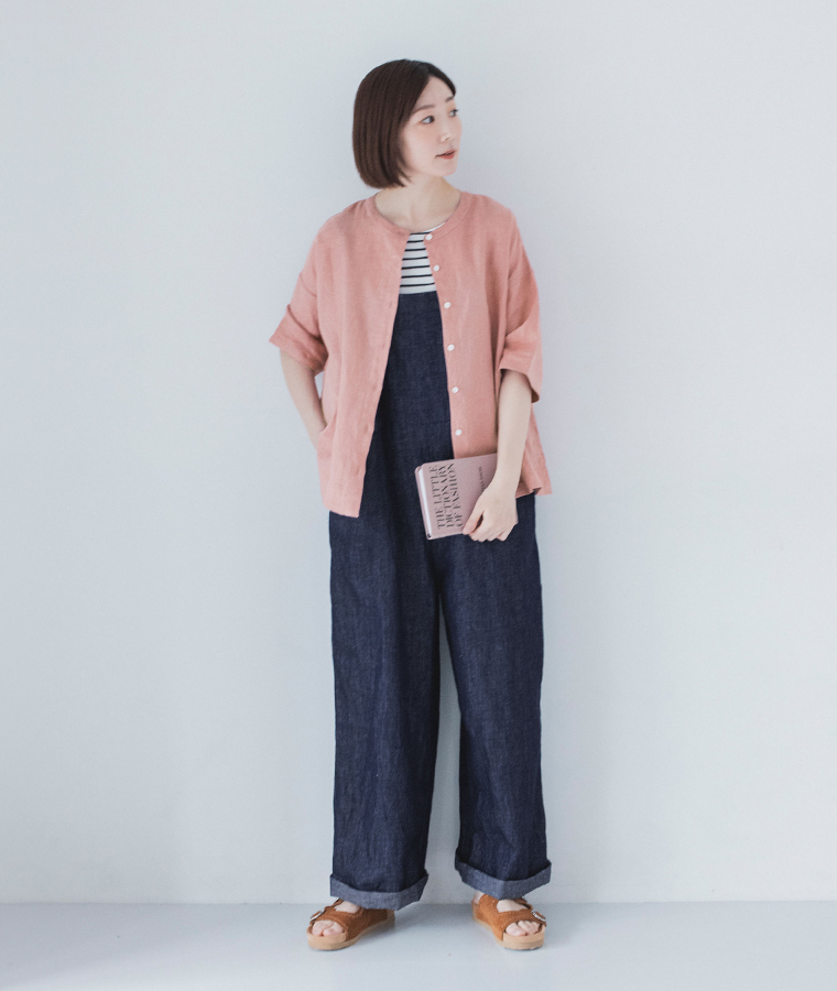 &yarn バンドカラーリネンブラウス ピンクのコーディネート