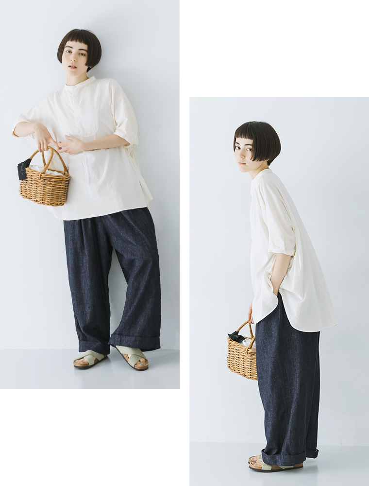 【&yarn】脇ギャザーブラウス ナチュラル 全身コーディネート