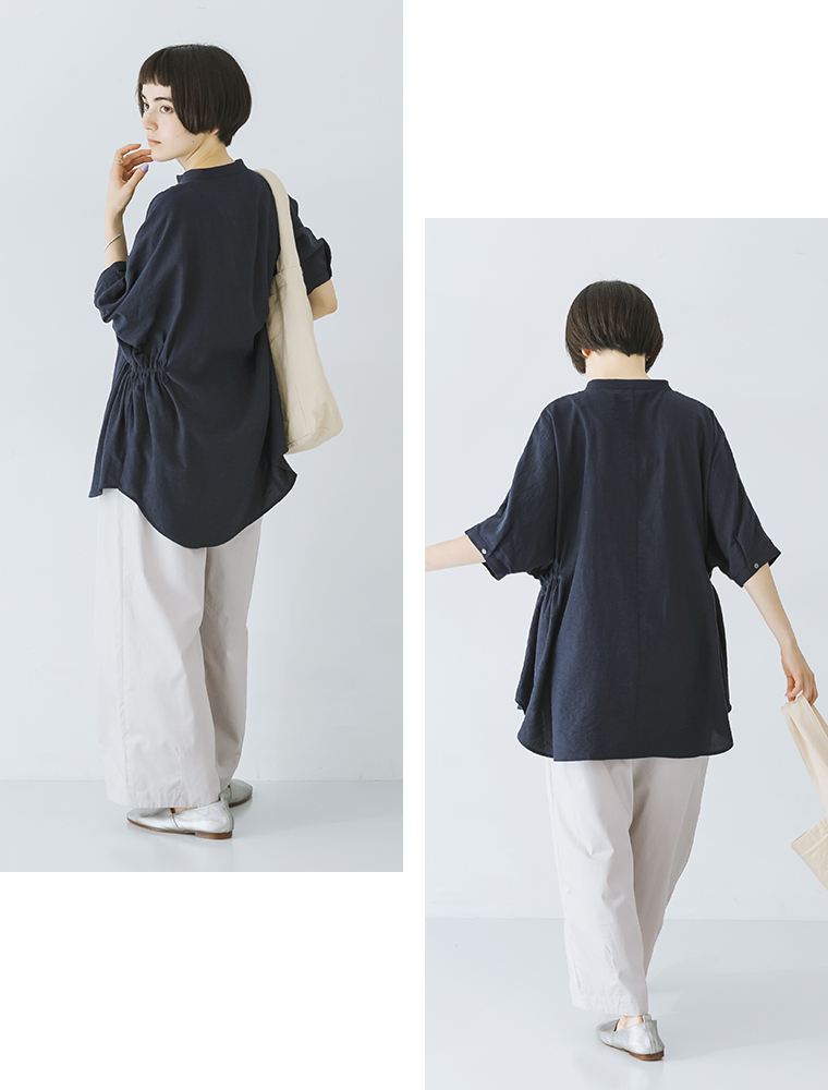 【&yarn】脇ギャザーブラウス ネイビー 着丈詳細