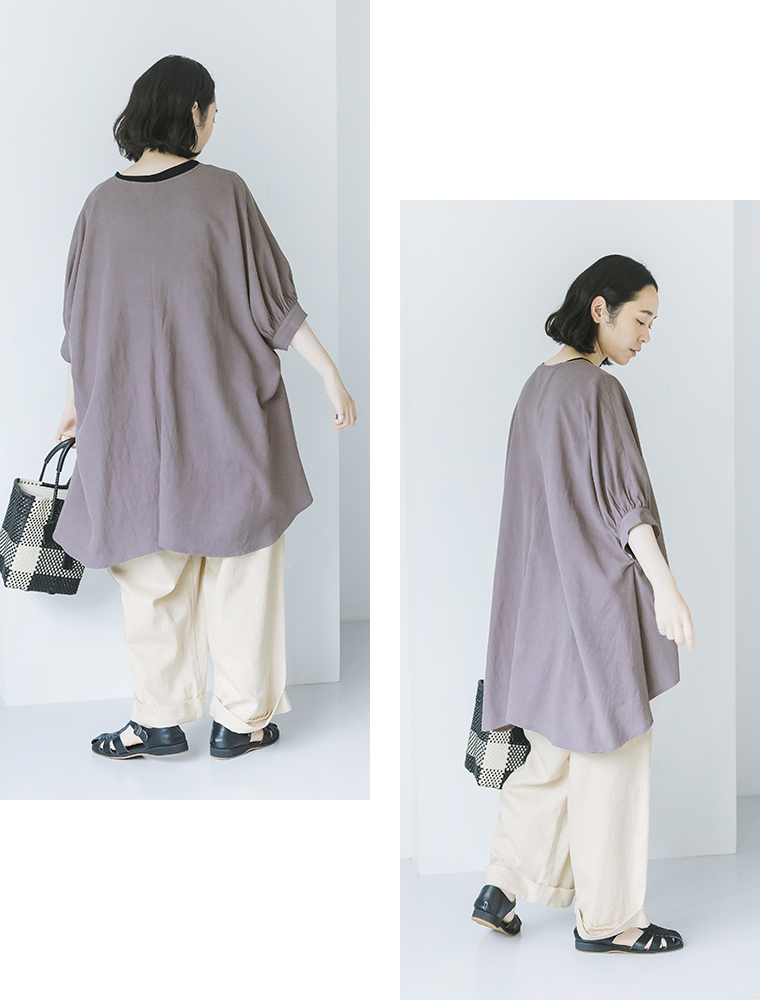 【&yarn】Vネック前後差ブラウス 全身コーディネートバックスタイル