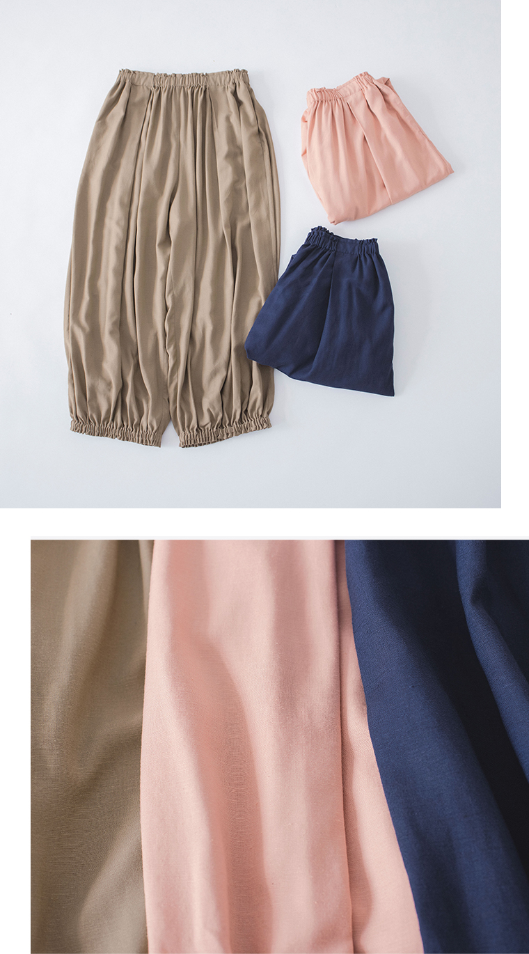 &yarn レーヨンリネン裾ギャザーパンツ 置き画像と生地アップ