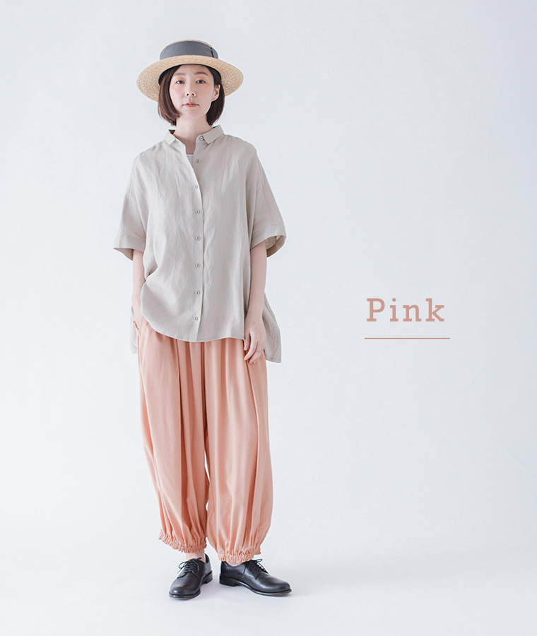 &yarn レーヨンリネン裾ギャザーパンツ ピンクのコーディネート