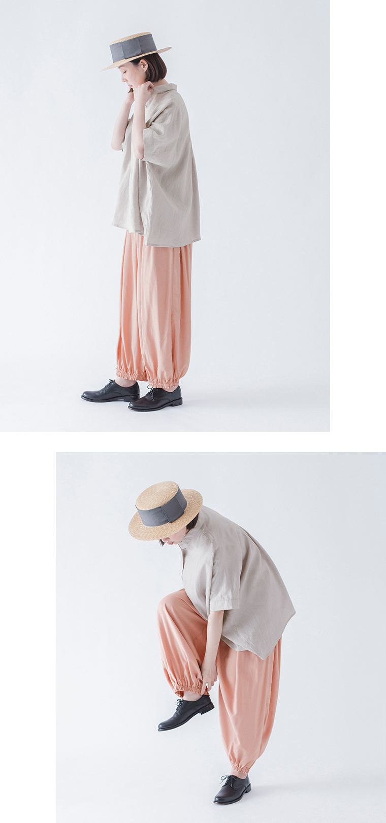 &yarn レーヨンリネン裾ギャザーパンツ ピンクの横と動きのカット