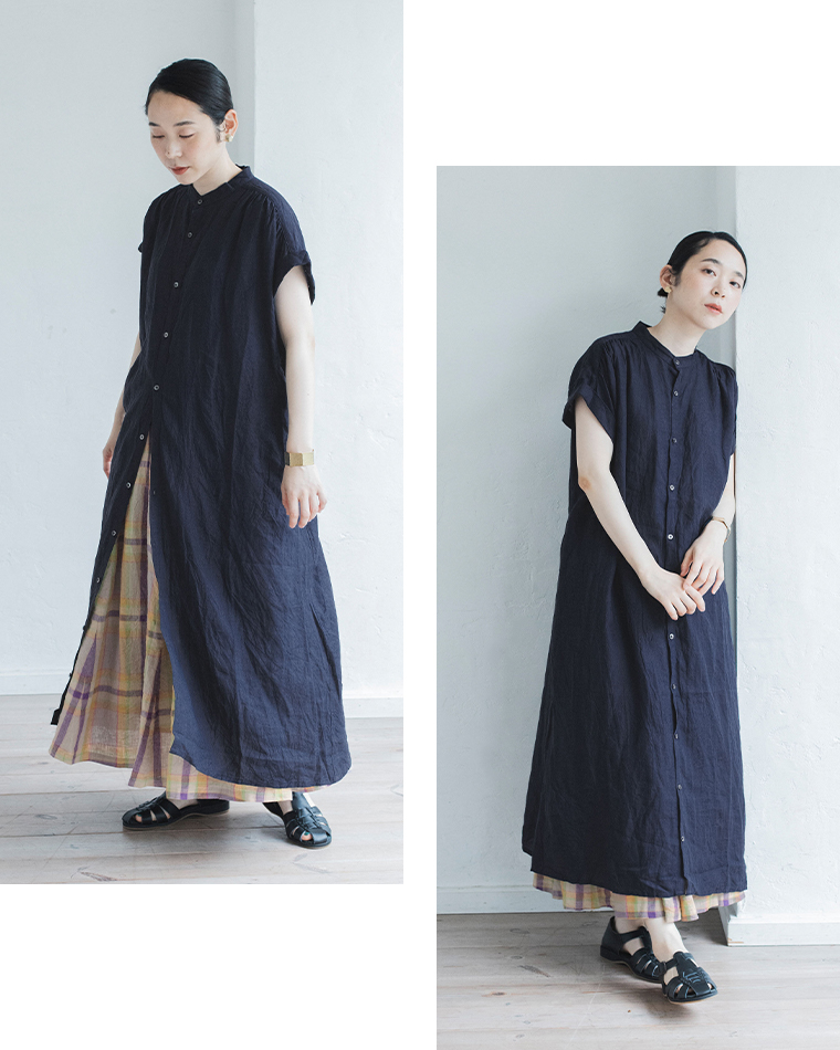 ICHI Antiquites リネンダンガリーワンピース ネイビー全身斜めと前