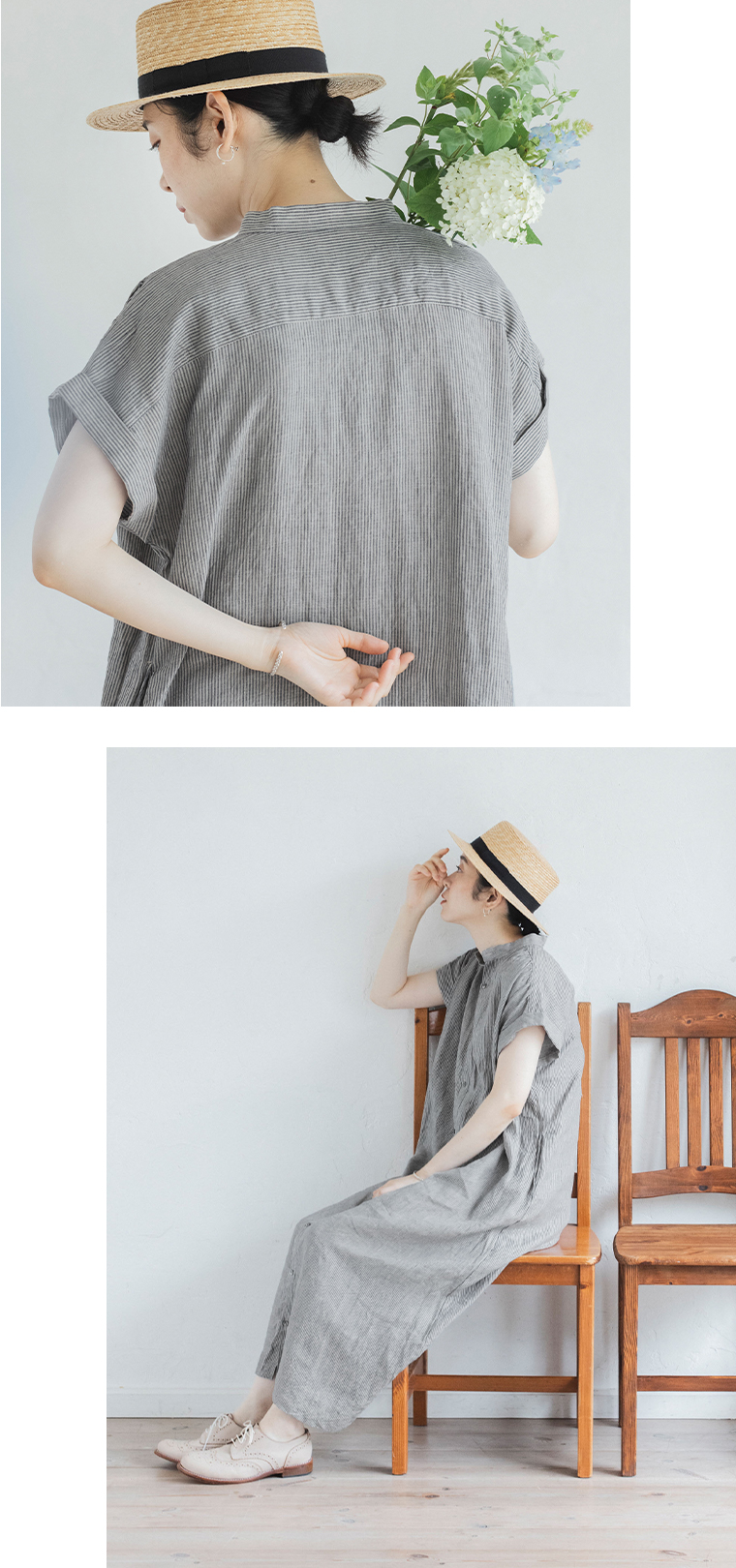 ICHI Antiquites リネンダンガリーワンピース ストライプの上半身後ろと座ったカット