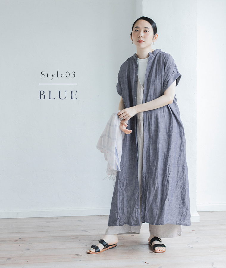 ICHI Antiquites リネンダンガリーワンピース ブルーのコーディネート
