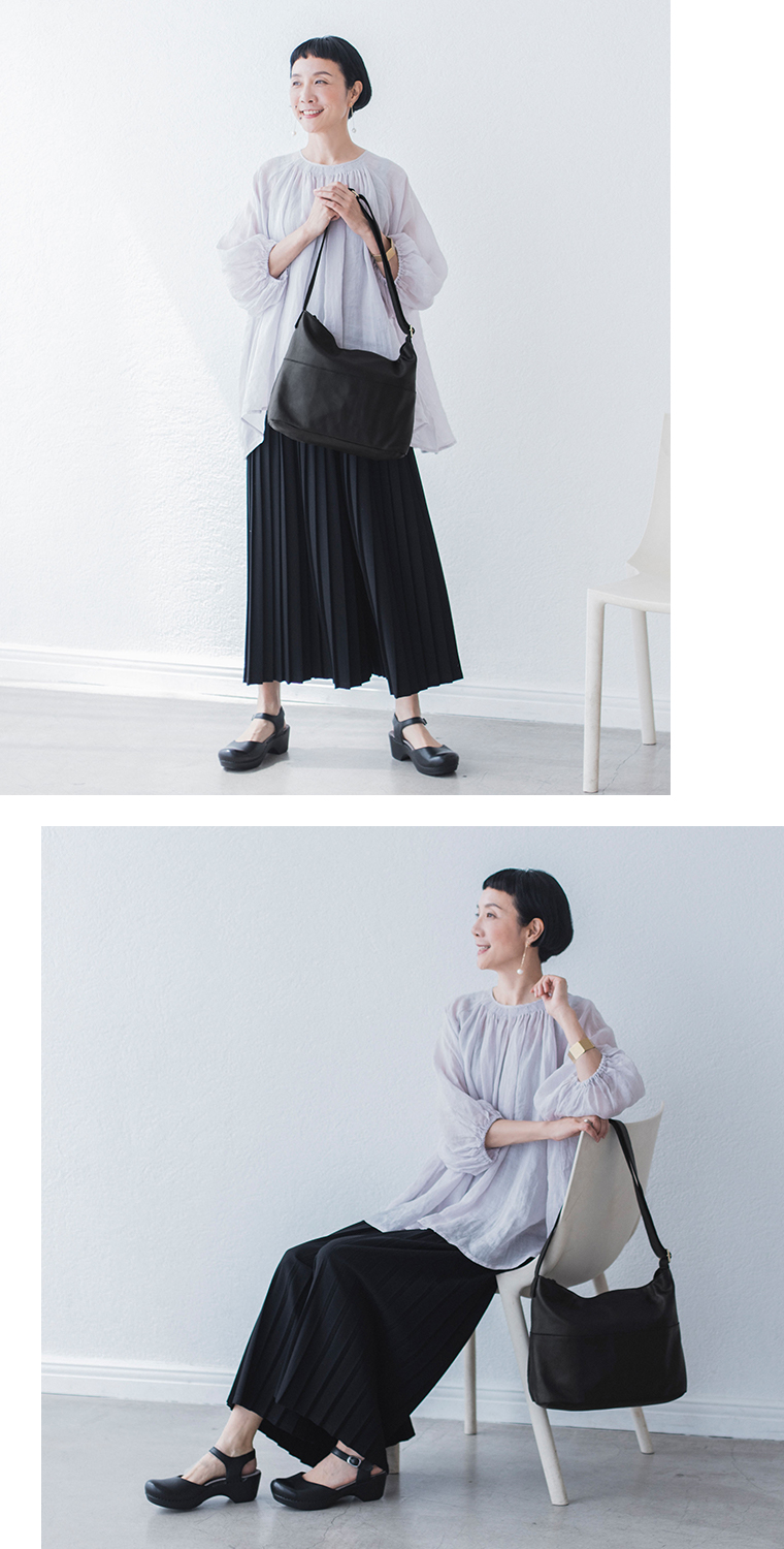 【 perche 】ガーメントレザーショルダーバッグ STYLE02 クラシカルコーディネート 全身コーディネート