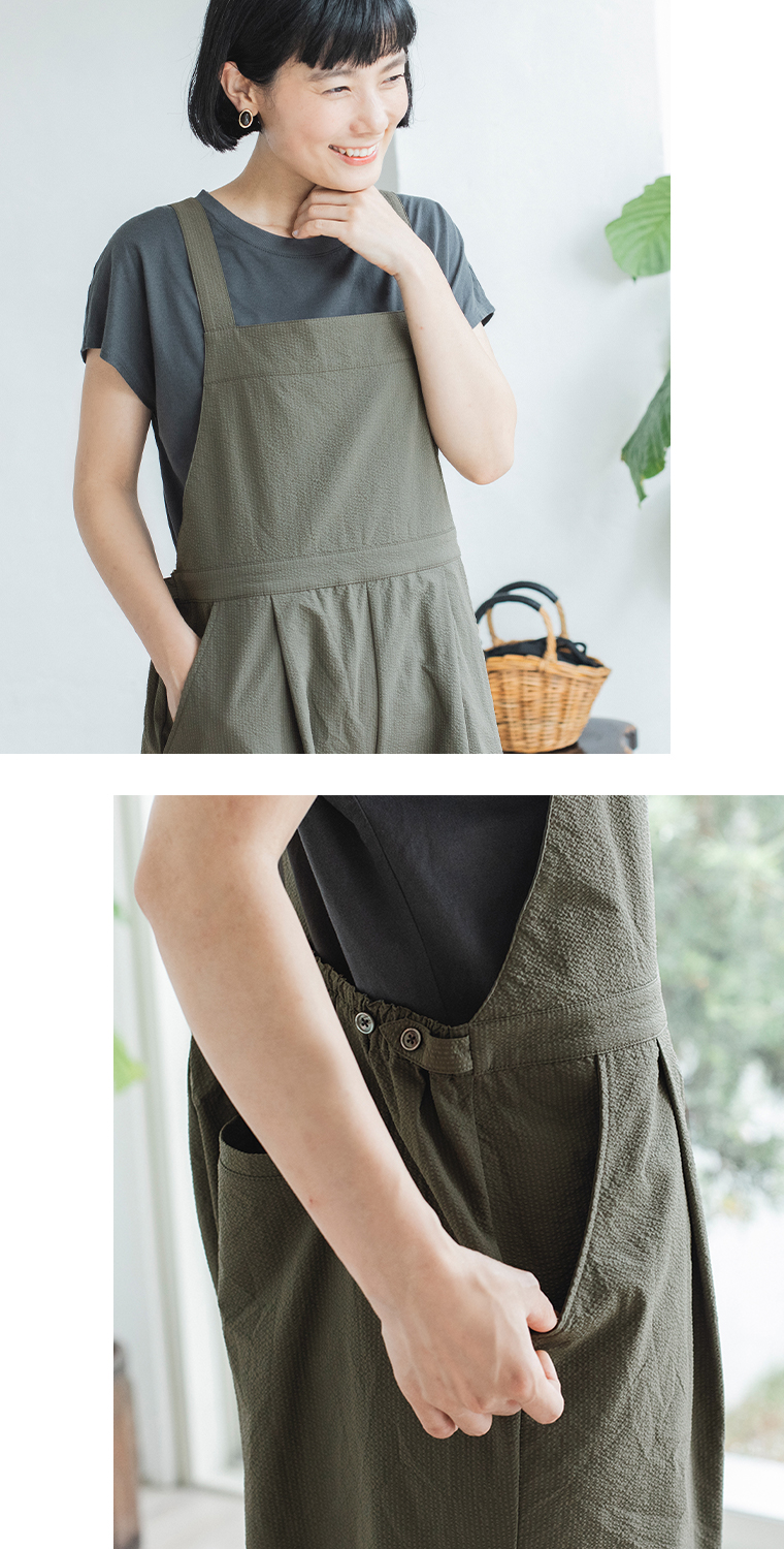 &yarn サロペット(カーキ)の上半身＆裾アップ