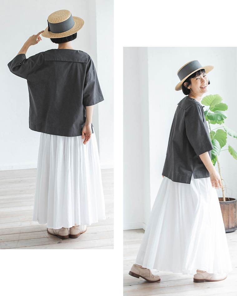 &yarn セーラーカラーブラウス(ネイビー)の全身後ろと横
