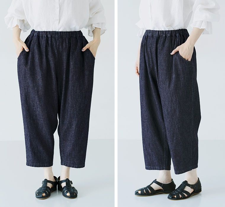 ista-ire 別注｜着丈選べる 甘撚りコットンリネンデニムよくばりパンツ インディゴのFサイズ