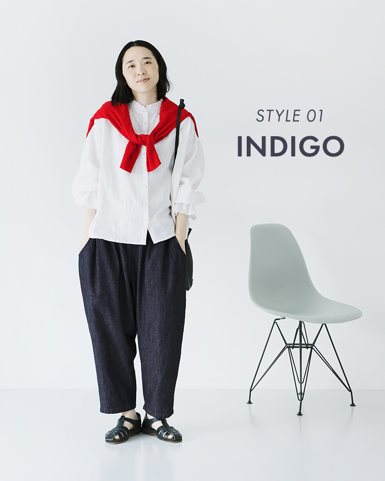 ista-ire 別注｜着丈選べる 甘撚りコットンリネンデニムよくばりパンツ インディゴのきれいめコーディネート