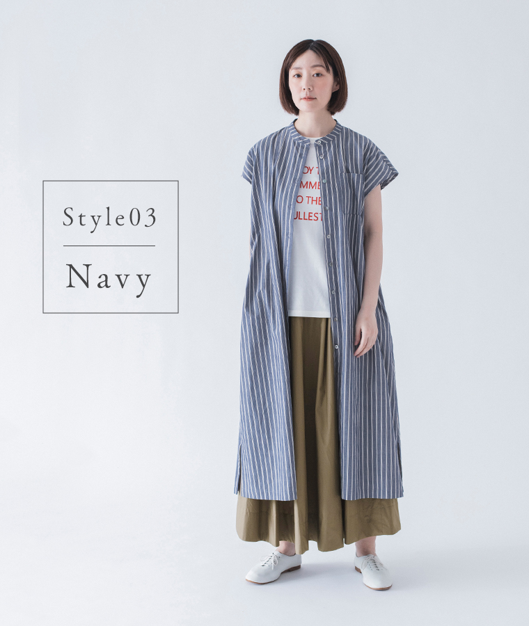 &yarn わたしの大人服。 ストライプワンピース(ネイビー)のアレンジコーディネート