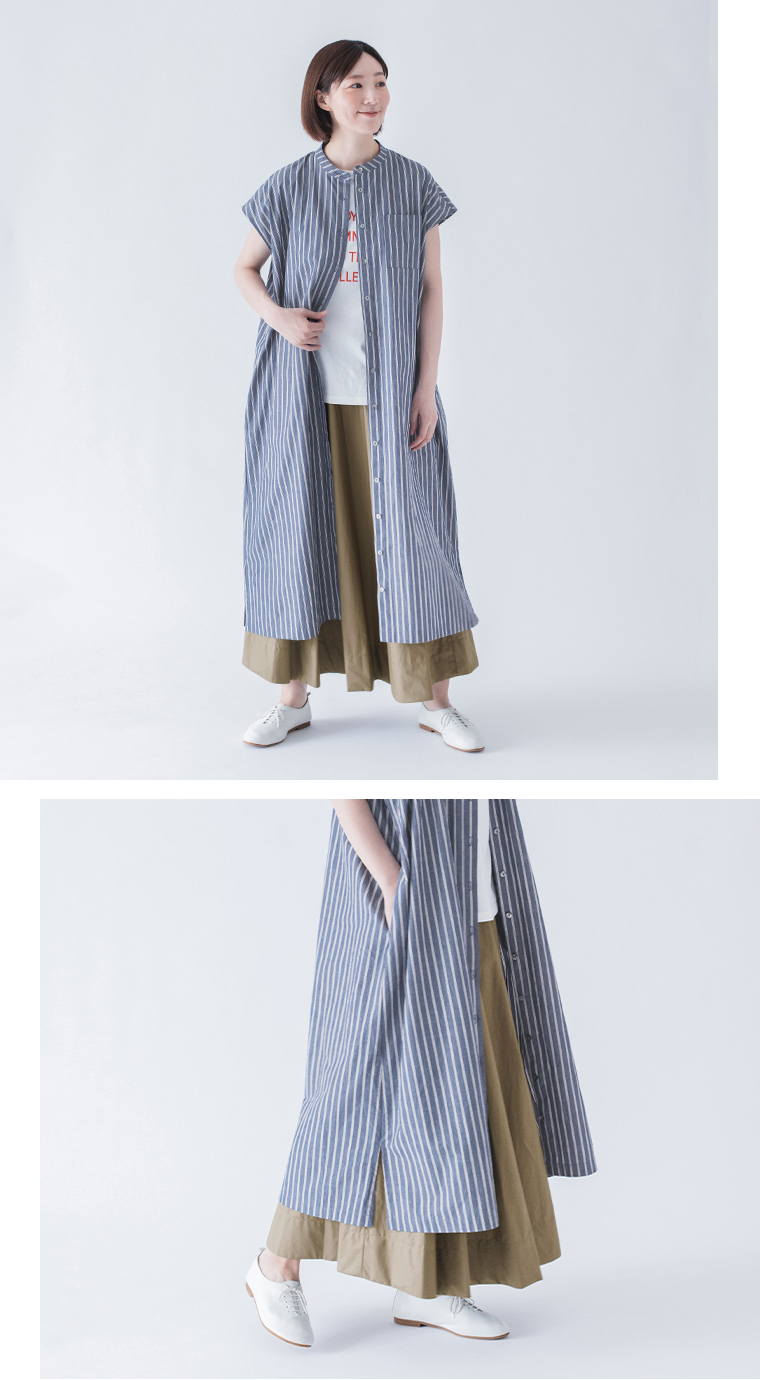 &yarn わたしの大人服。 ストライプワンピース(ネイビー)のアレンジ全身前と裾
