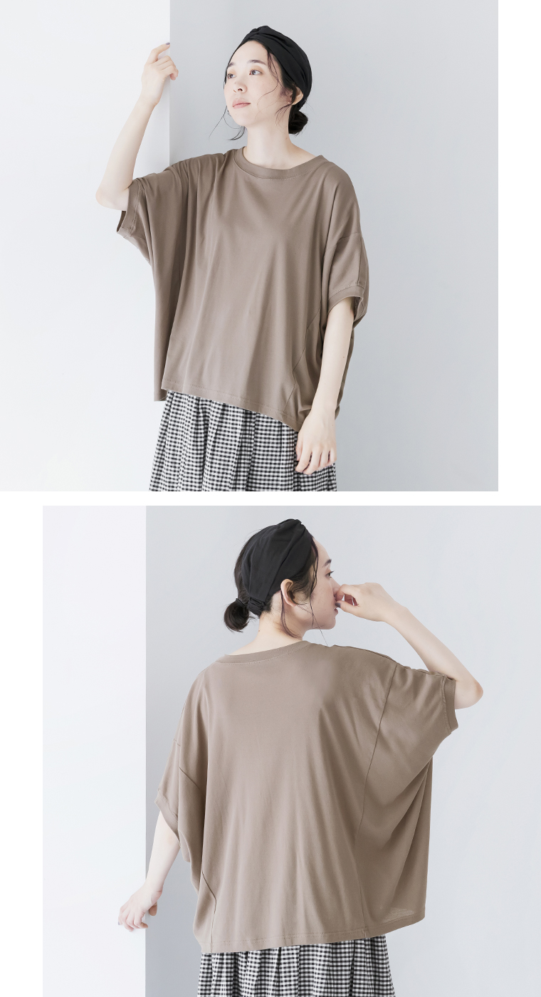 【 &yarn 】接触冷感バンザイＴシャツ ブラウン 上半身寄り＆バックスタイル