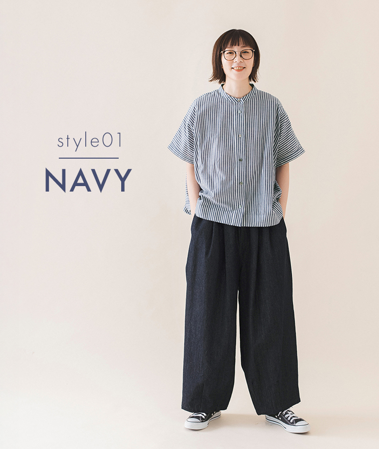 &yarn コットンリネンストライプシャツ ネイビー