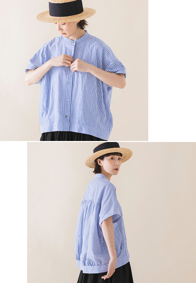 &yarn コットンリネンストライプシャツ ブルー  上半身寄り