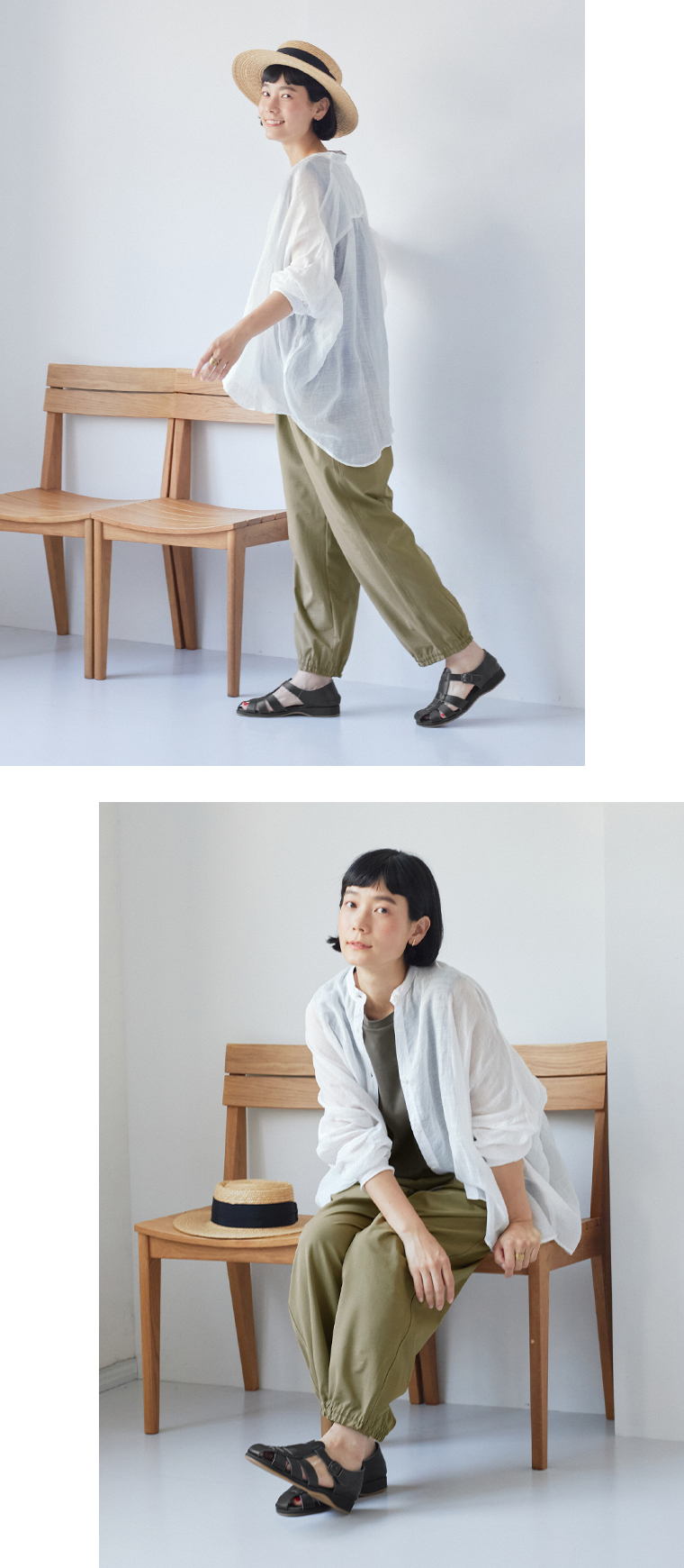 &yarn ジョガーパンツ(カーキ)の全身斜めと座ったカット