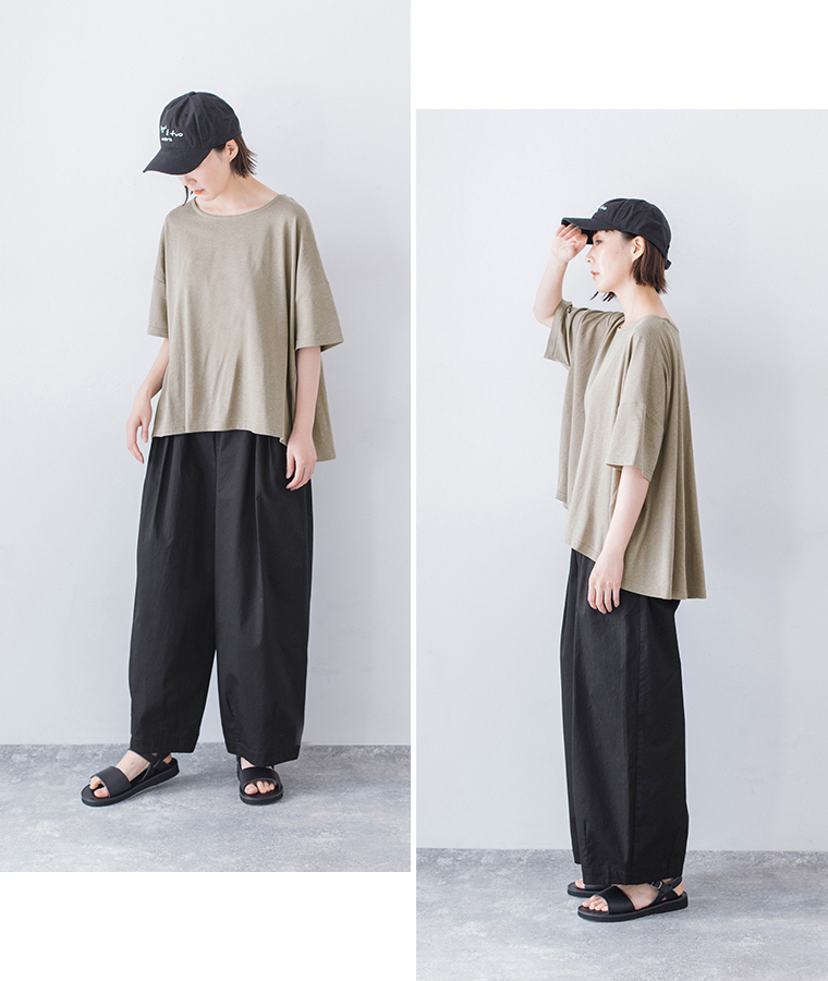 &yarn コットンリネン混バックフレアTシャツ グレージュ 全身前後