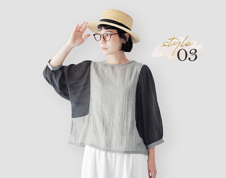 le ciel a temps doux コットン混ガーゼシャンブレーブラウス グレー