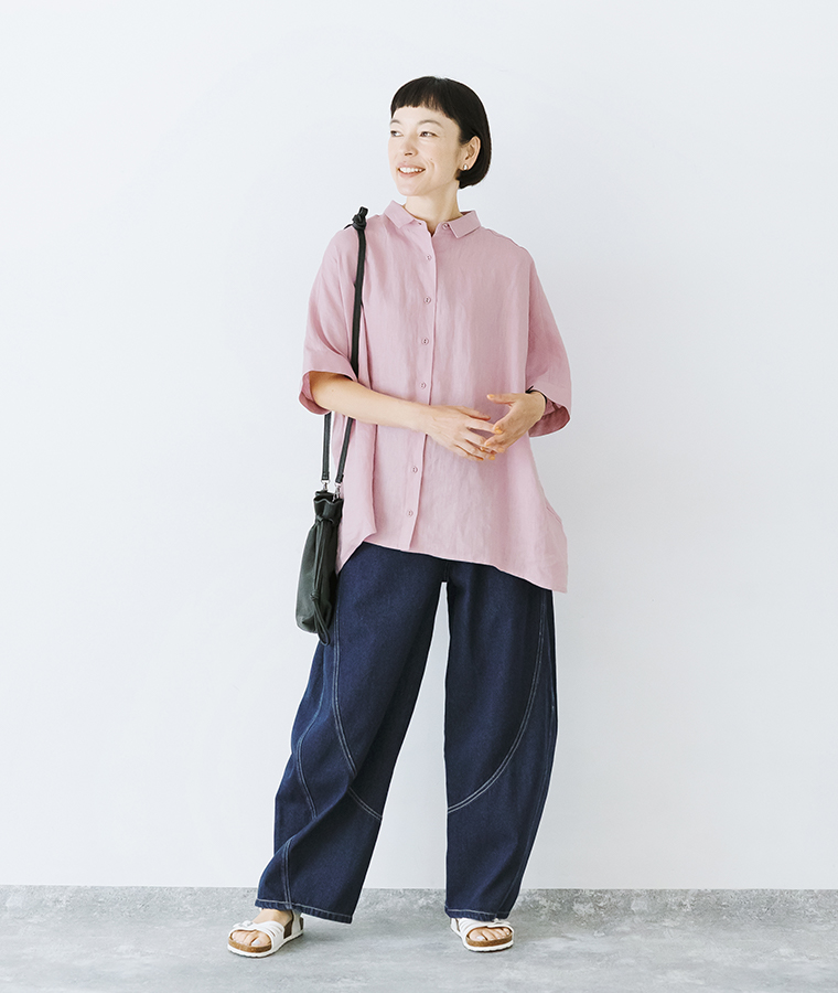 nod デニム立体切替バルーンパンツ ワンウォッシュ 全身前