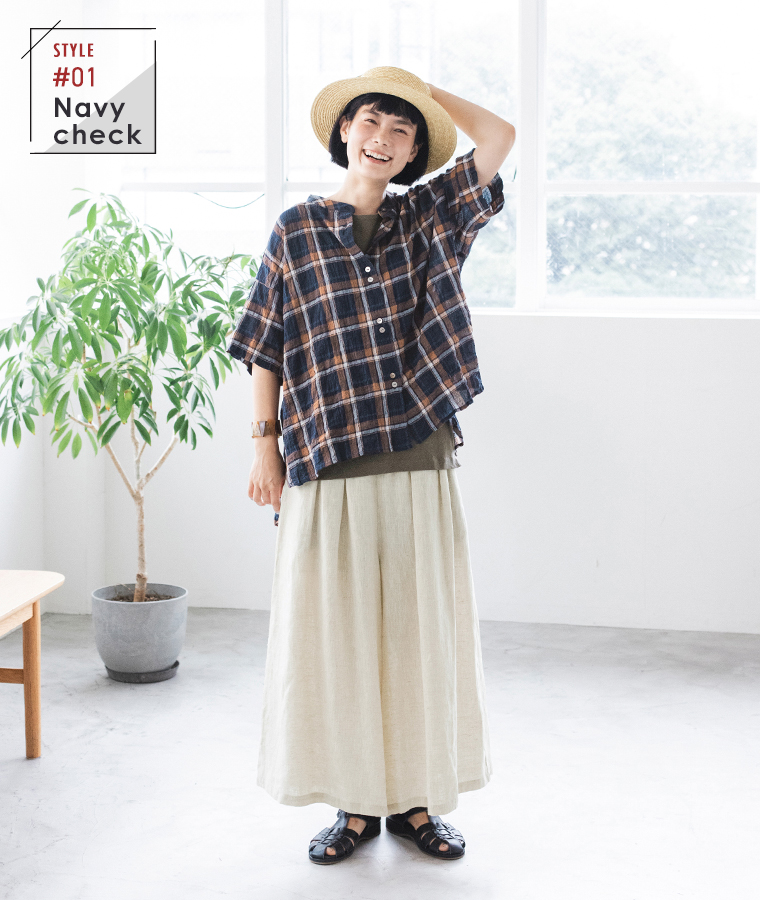 D*g*y  別注｜シャーリングシアーチェック柄シャツ　ネイビーの着こなし