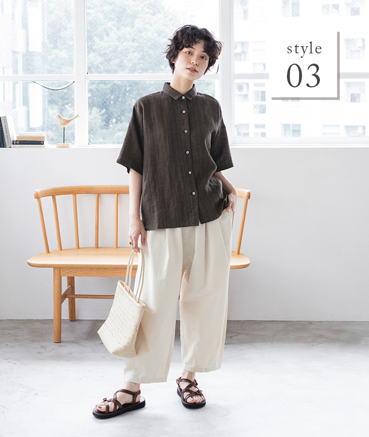 【 &yarn 】リネンレーヨンストライプブラウス ブラウン