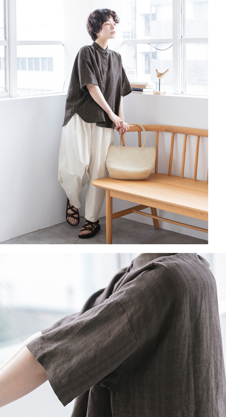 【 &yarn 】リネンレーヨンストライプブラウス ブラウン 袖寄り