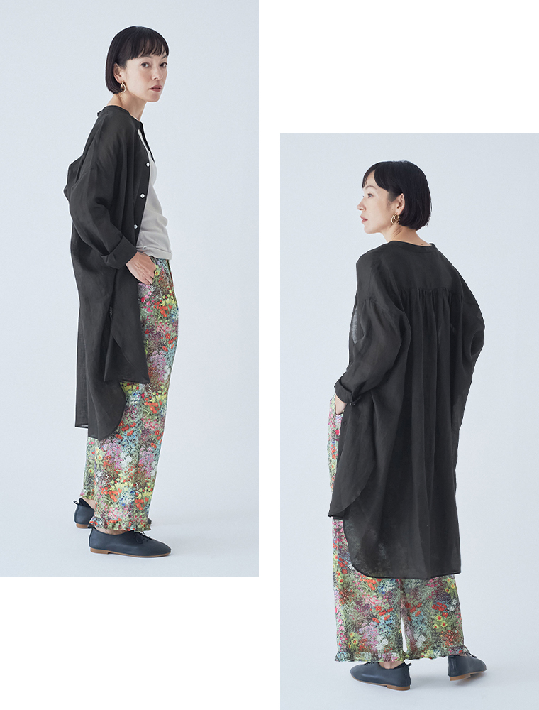 &yarn コットン総柄ワイドパンツ 　横、後ろのシルエット