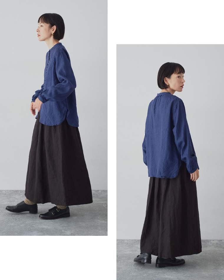 ICHI Antiquitesリネンインディゴドレスシャツのスリットと裾