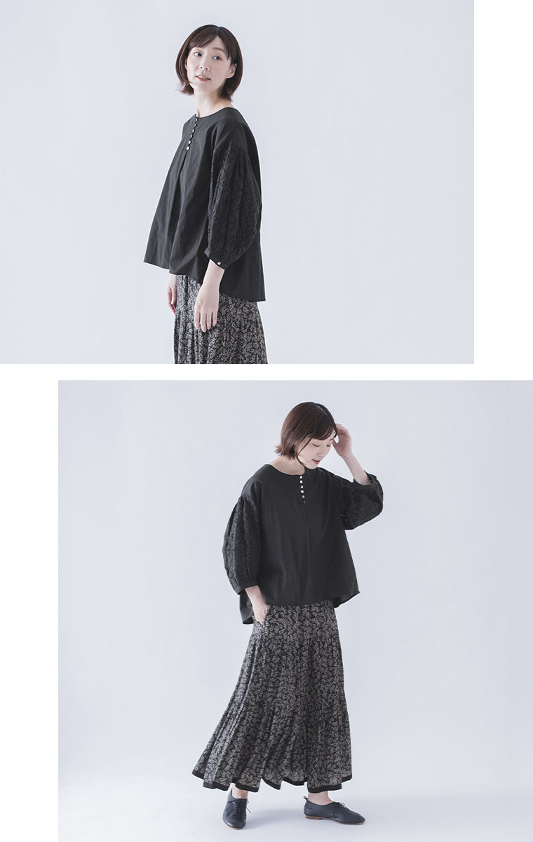&yarn  カットワークレーススリーブブラウス　スカートスタイル　横寄りと全身前