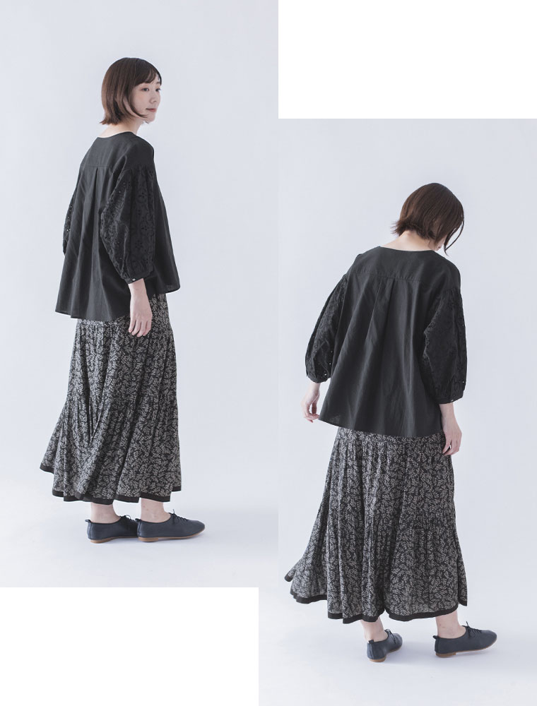 &yarn  カットワークレーススリーブブラウス　スカートスタイル　全身横と後ろ
