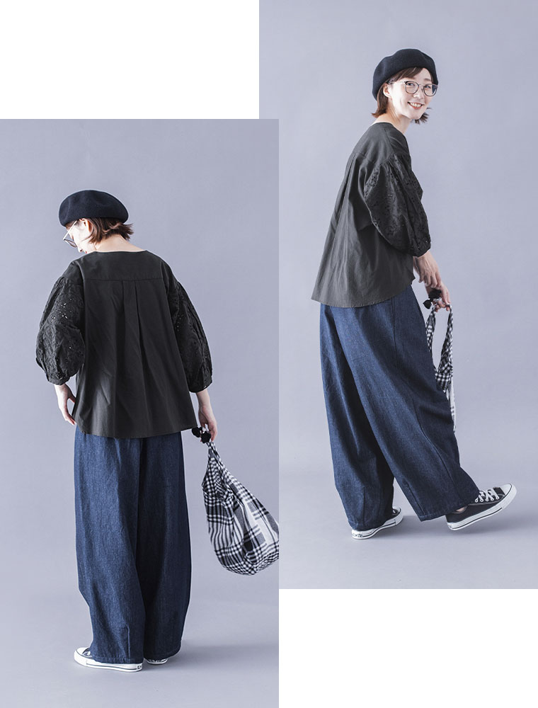 &yarn  カットワークレーススリーブブラウス　デニムコーデ　全身横と後ろ